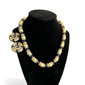 Vintage Chunky Gold Tone, Rhinestone & Lucite Bead Set Necklace & Clip Earrings